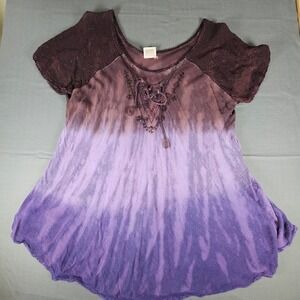 Advance Apparels Purple Tie Dye Beaded Lace Up Tunic Top Plus Size 100% Cotton
